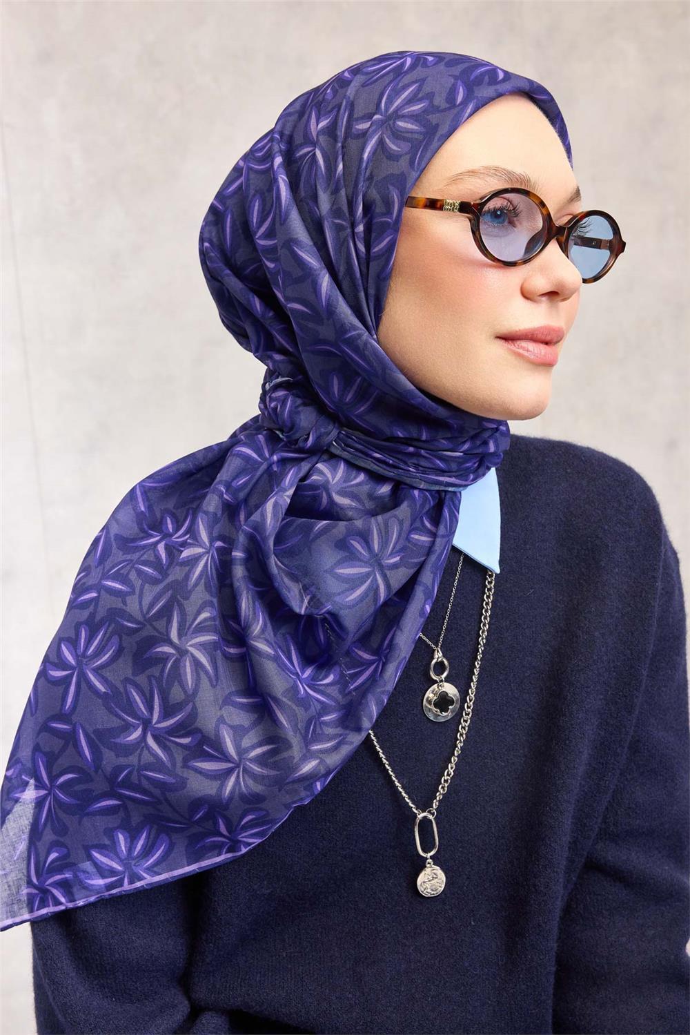 Pamuk Polyester Soft Eşarp Flora Desen Soluk Mor 90*90
