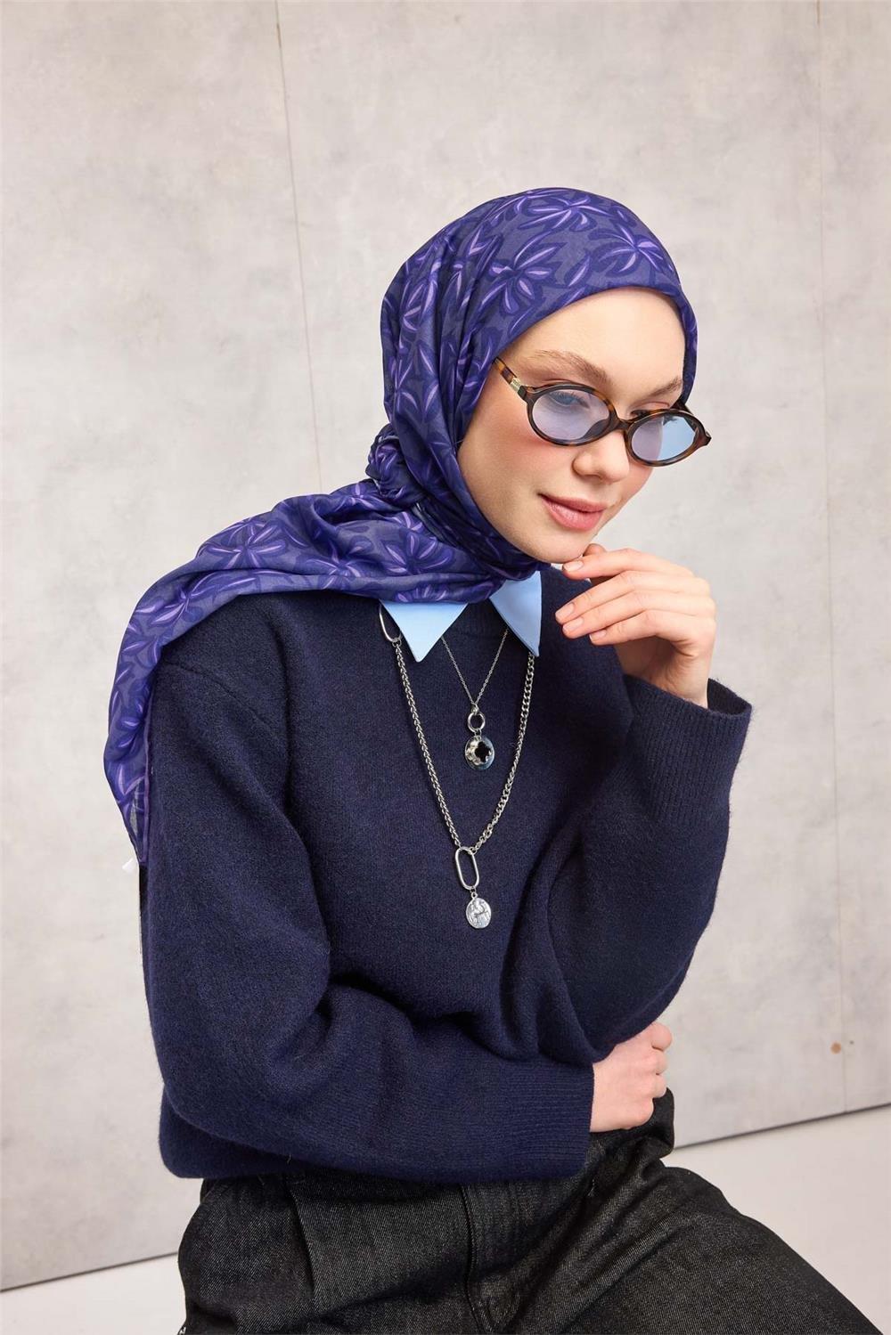 Pamuk Polyester Soft Eşarp Flora Desen Soluk Mor 90*90