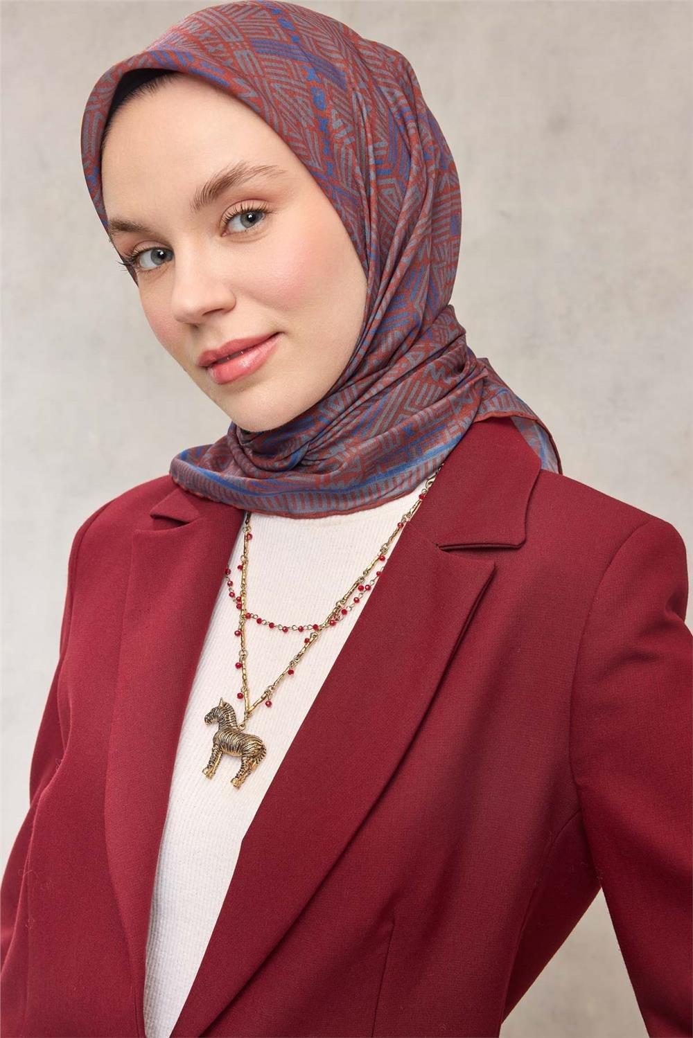 Pamuk Polyester Soft Eşarp Geometrik Desen Kahverengi 90*90