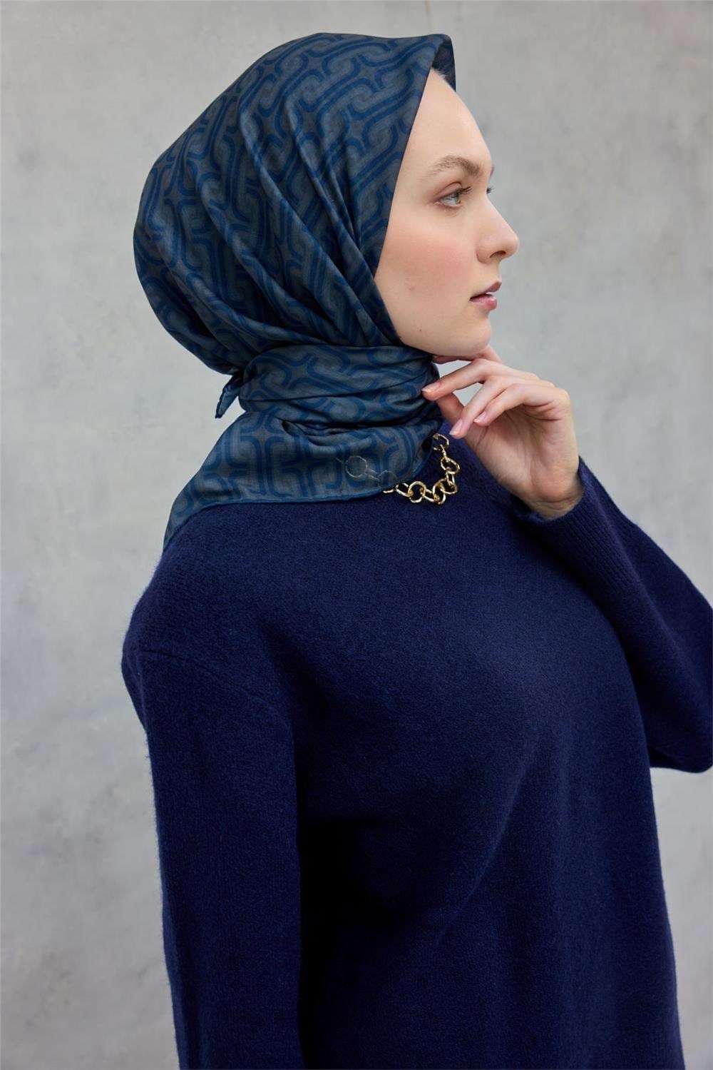 Pamuk Polyester Soft Eşarp Geometrik Desen Indigo 90x90