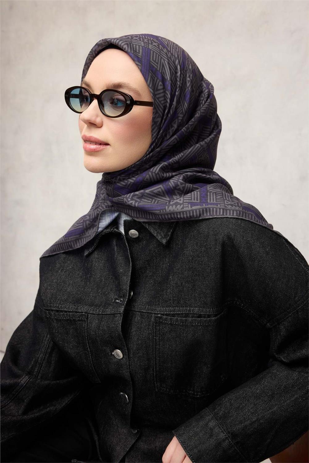 Pamuk Polyester Soft Eşarp Geometrik Desen Gri Yeşil 90*90