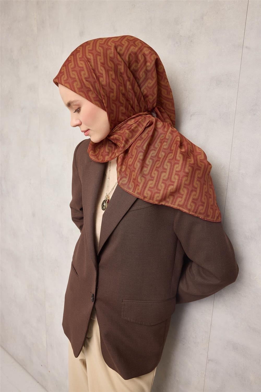 Pamuk Polyester Soft Eşarp Geometrik Desen Tarçın 90x90