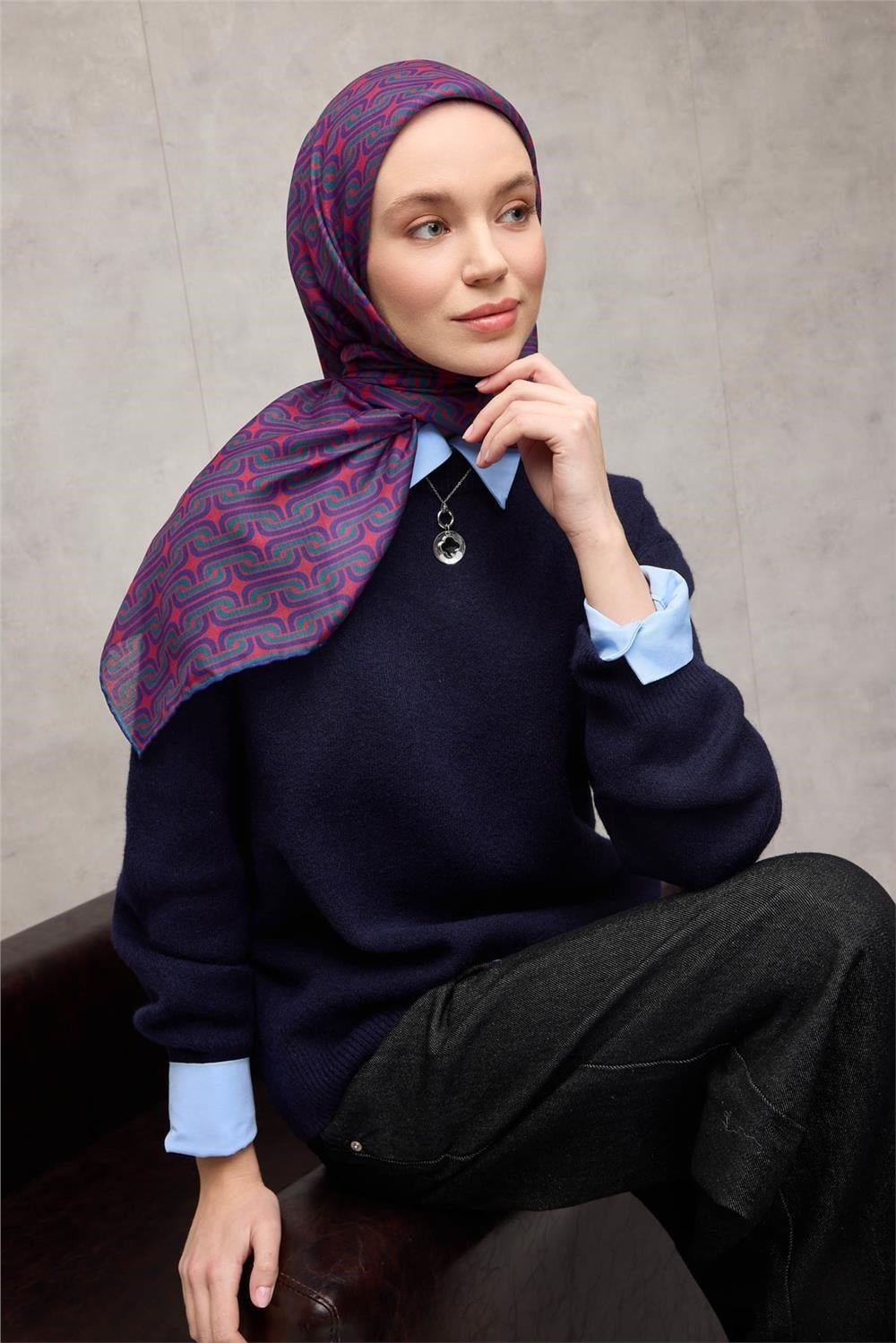 Pamuk Polyester Soft Eşarp Geometrik Desen Violet 90x90