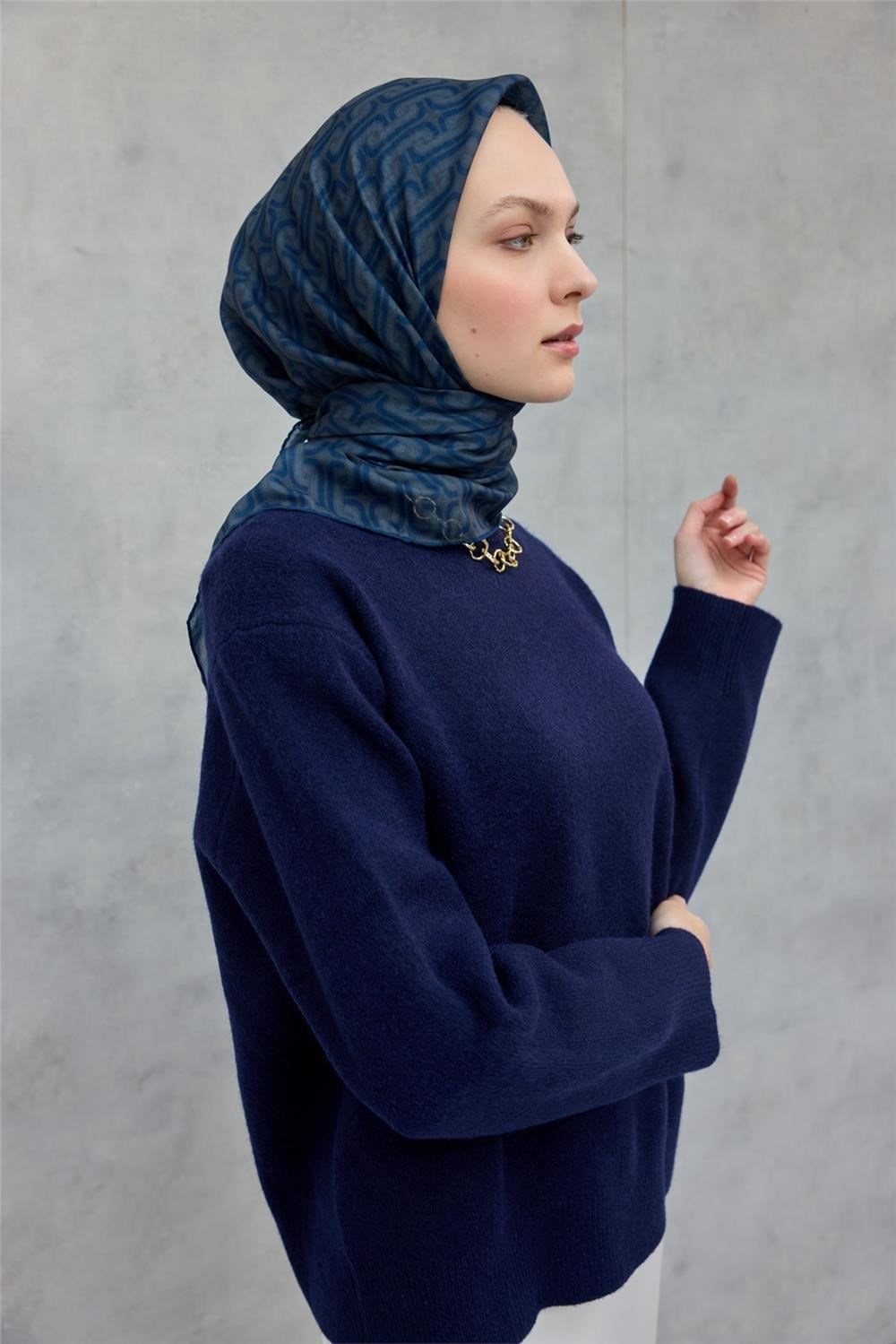 Pamuk Polyester Soft Eşarp Geometrik Desen Indigo 90x90