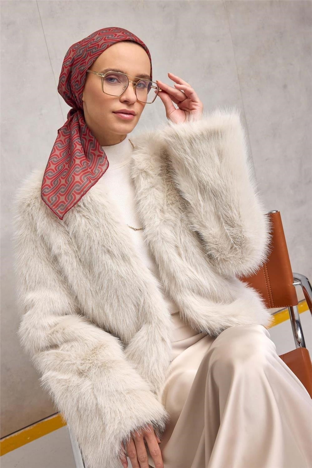 Pamuk Polyester Soft Eşarp Geometrik Desen Bej 90x90