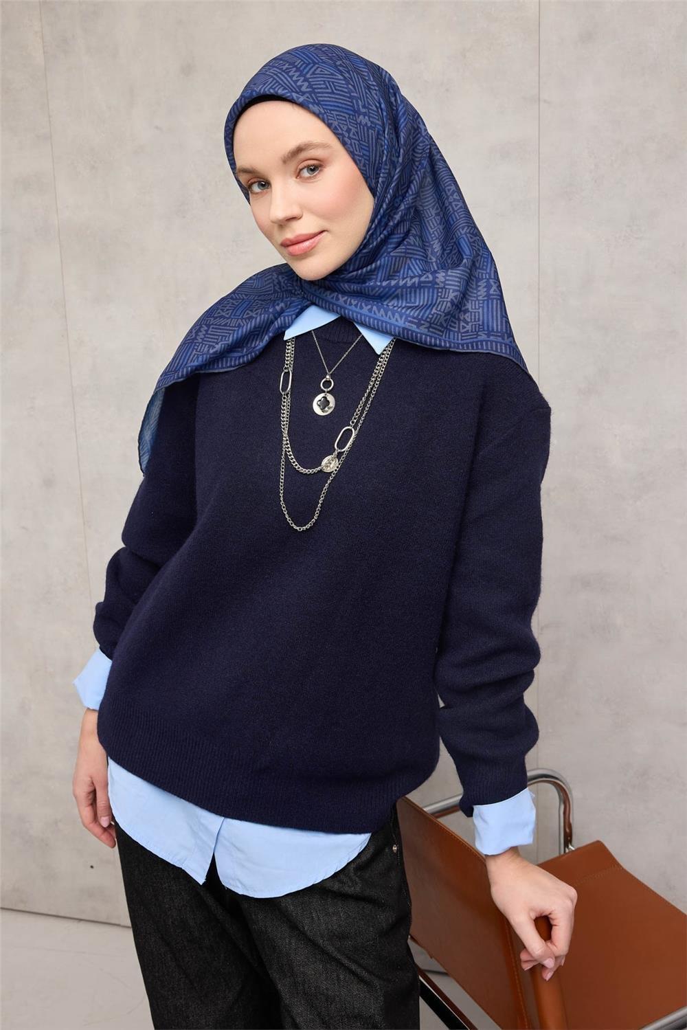 Pamuk Polyester Soft Eşarp Geometrik Desen Gece Mavisi 90*90