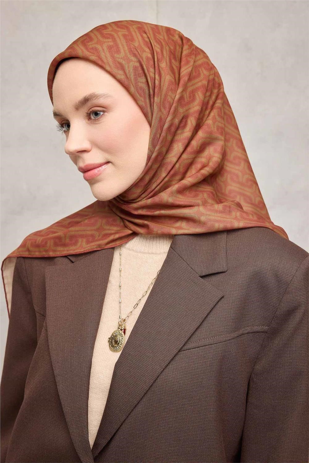 Pamuk Polyester Soft Eşarp Geometrik Desen Turuncu 90x90