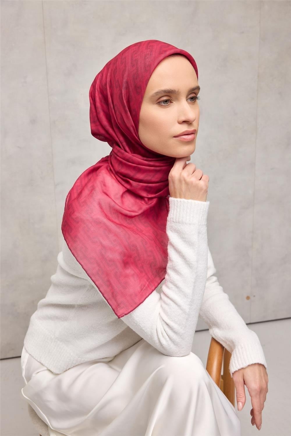 Pamuk Polyester Soft Eşarp Geometrik Desen Fuşya 90x90