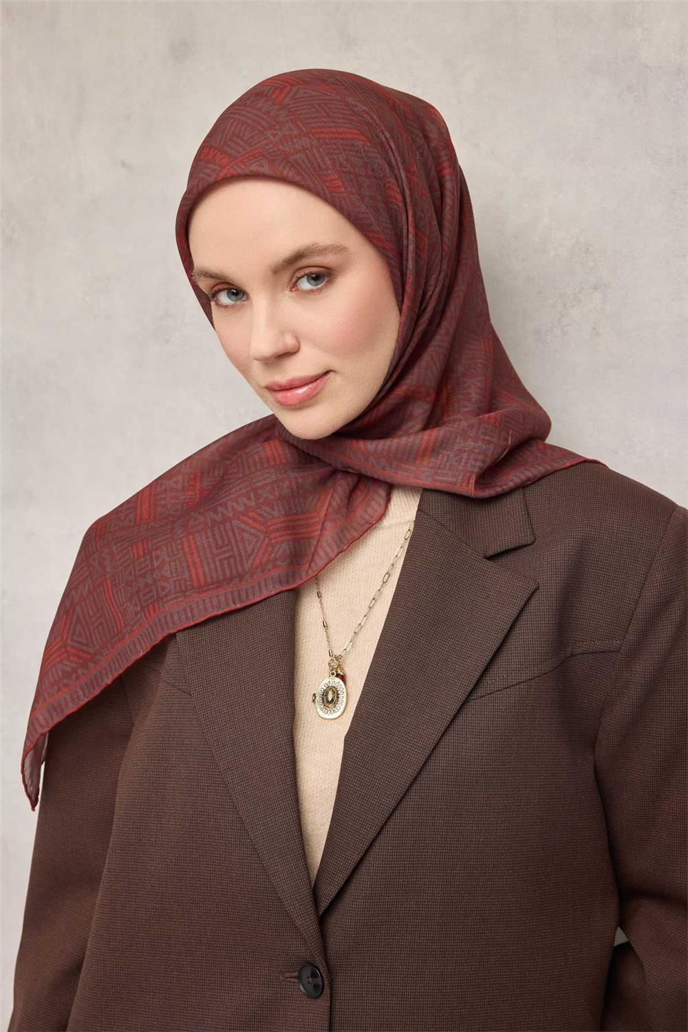 Pamuk Polyester Soft Eşarp Geometrik Desen Kiremit 90*90