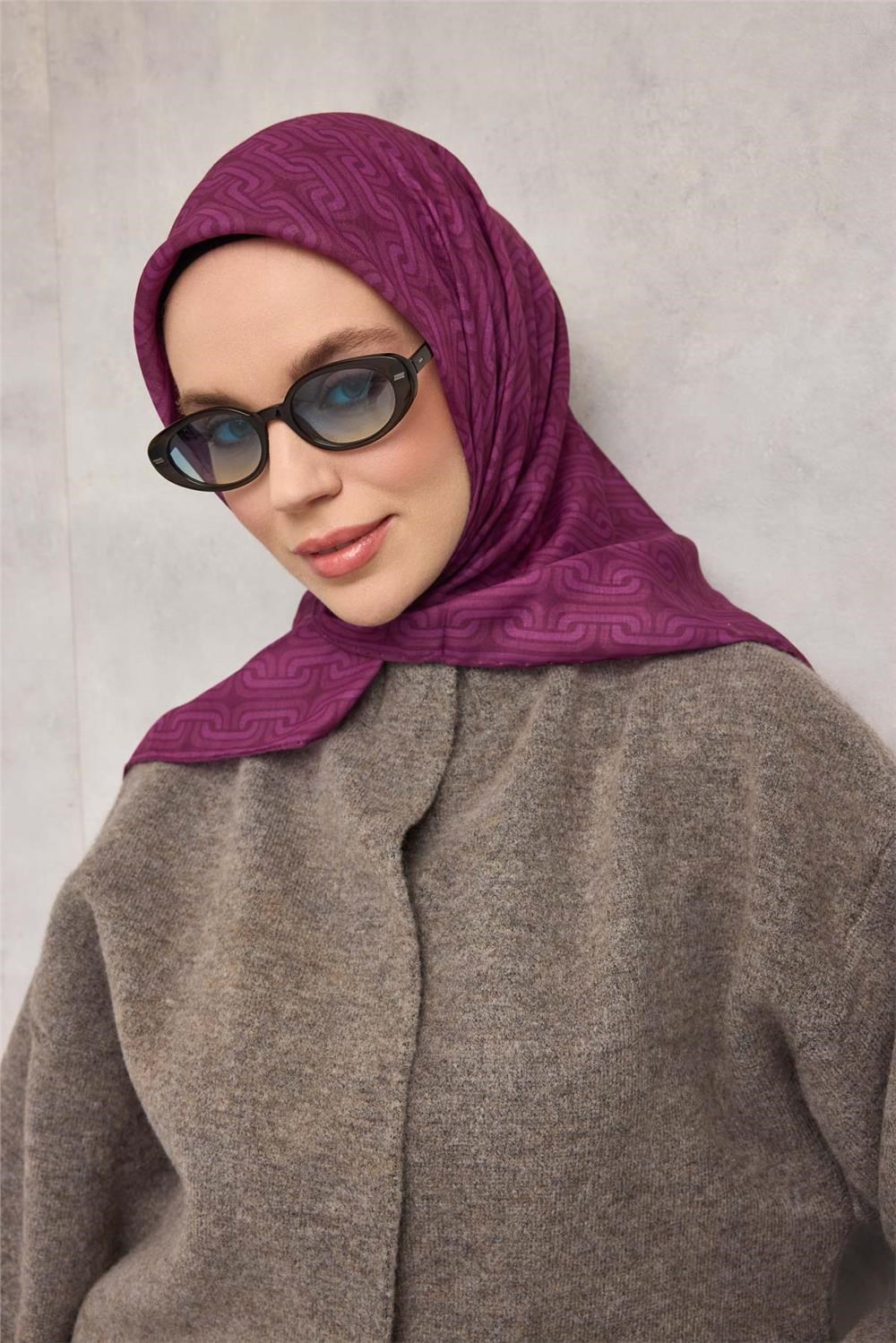 Pamuk Polyester Soft Eşarp Geometrik Desen Eflatun 90x90