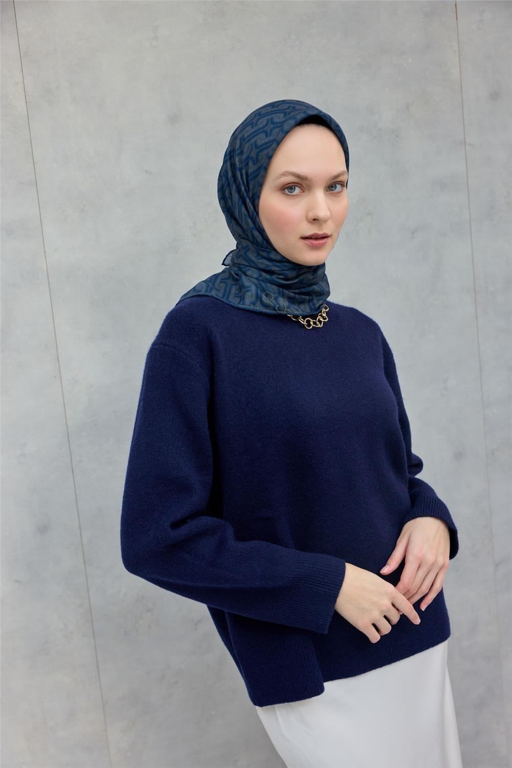 Pamuk Polyester Soft Eşarp Geometrik Desen Indigo 90x90
