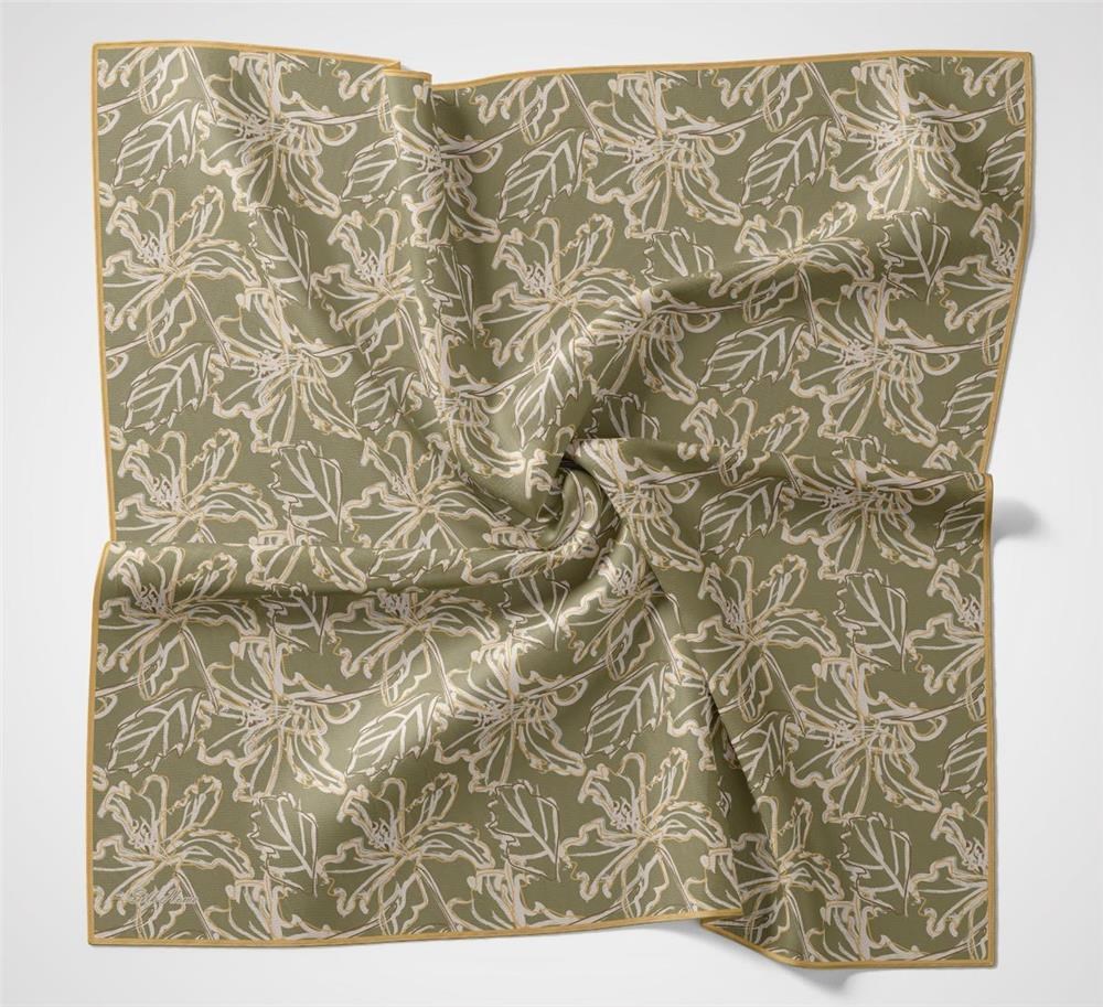 Pamuk Polyester Soft Eşarp Haki Lilium Desenli Kaymaz Dokulu 90x90