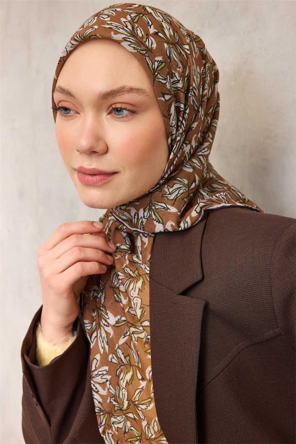 Pamuk Polyester Soft Eşarp Hardal Ton Çiçek Desenli Kaymaz Dokulu 90x90