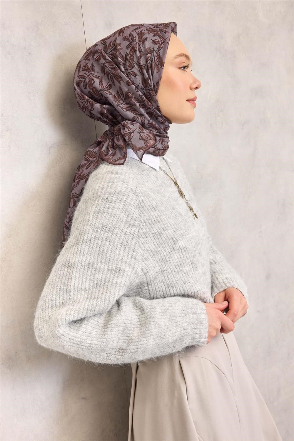 Pamuk Polyester Soft Eşarp Kahve Ton Çiçek Desenli Kaymaz Dokulu 90x90