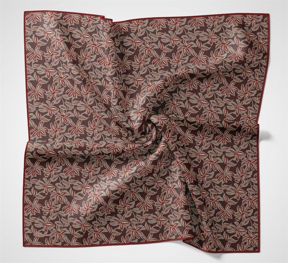 Pamuk Polyester Soft Eşarp Kiremit Bordo Flora Desenli Kaymaz Dokulu 90x90