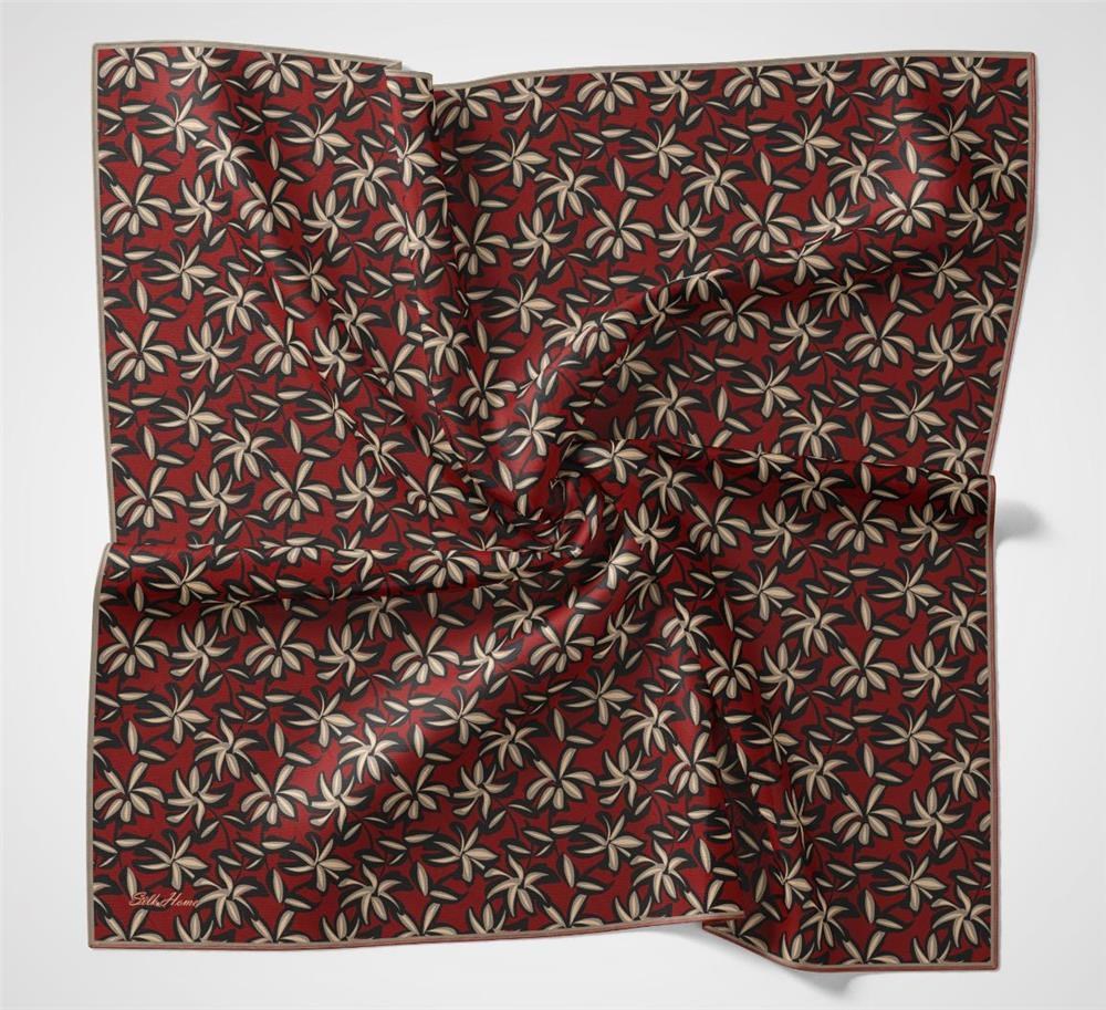 Pamuk Polyester Soft Eşarp Kiremit Kırmızı Flora Desenli Kaymaz Dokulu 90x90