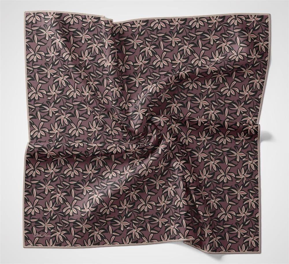 Pamuk Polyester Soft Eşarp Kiremit-Mürdüm Flora Desenli Kaymaz Dokulu 90x90