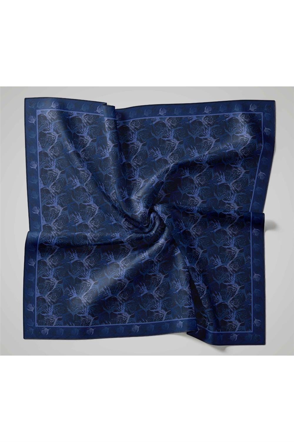 Pamuk Polyester Soft Eşarp Koyu Lacivert Yaprak Desen 90*90