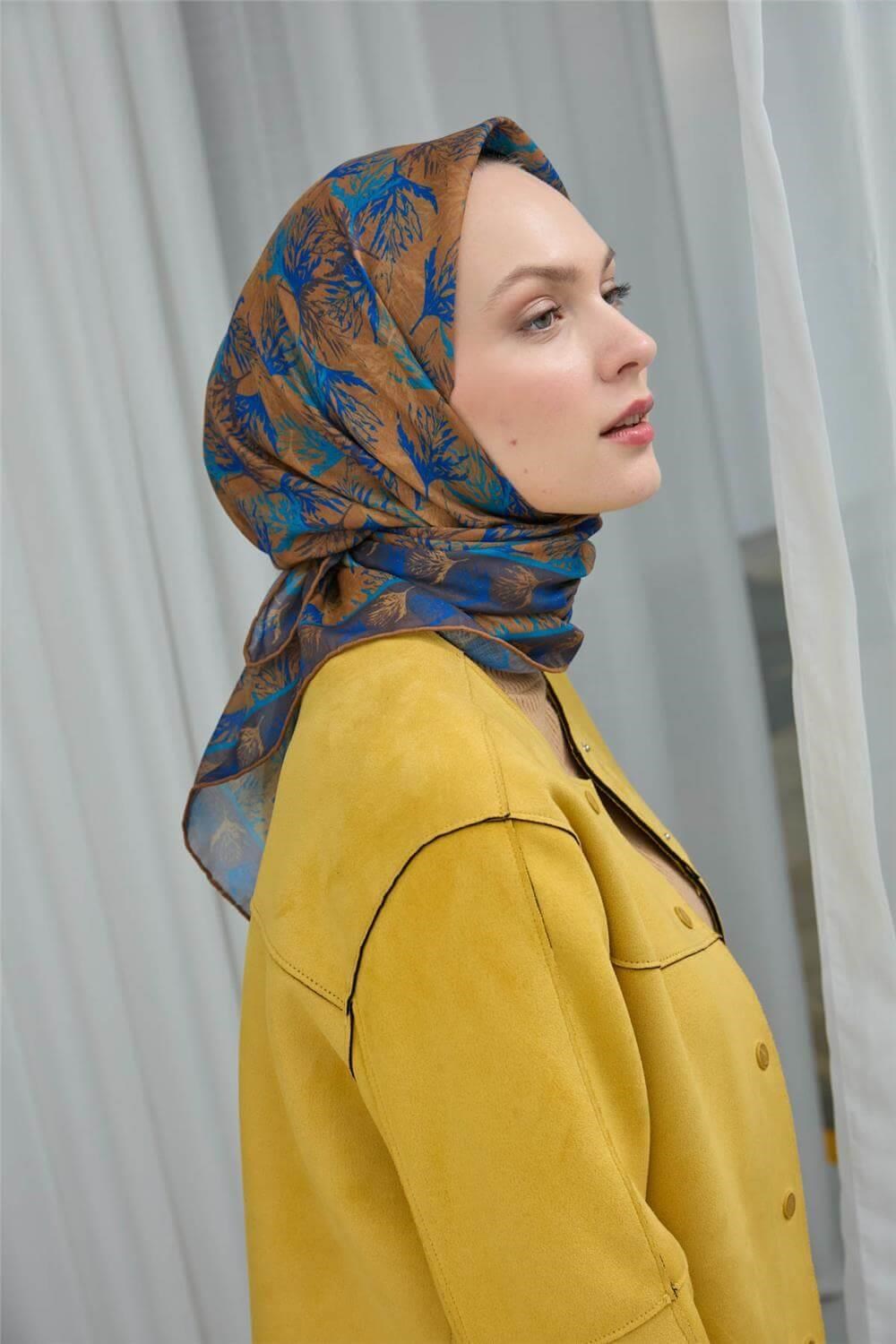 Pamuk Polyester Soft Eşarp Koyu Sarı Yaprak Desen 90*90