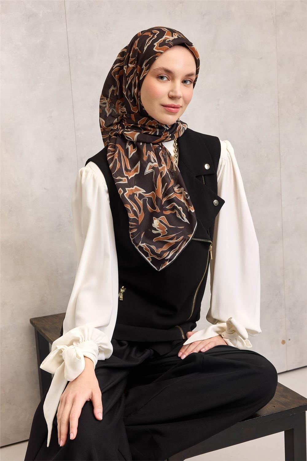 Pamuk Polyester Soft Eşarp Koyu Siyah Soyut Desenli Nefes Alan Hafif 90x90