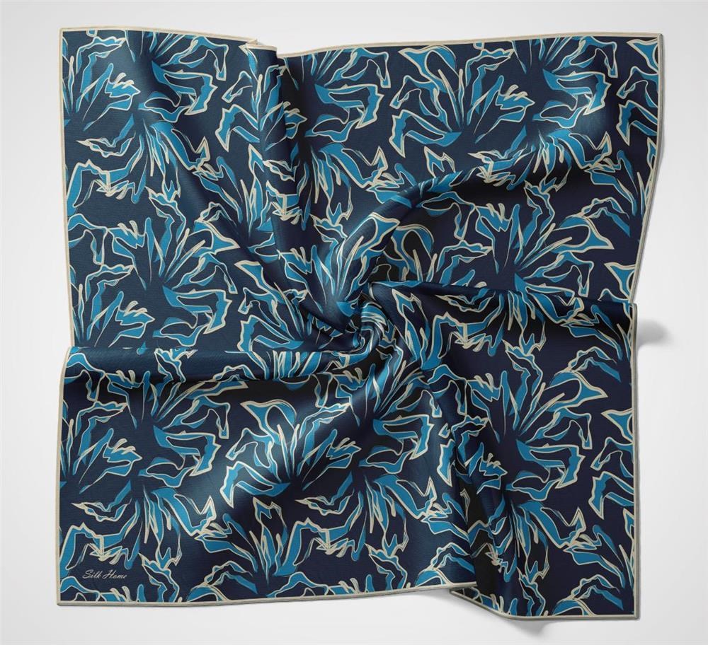 Pamuk Polyester Soft Eşarp Lacivert Soyut Desenli Tok Duruşlu 90x90