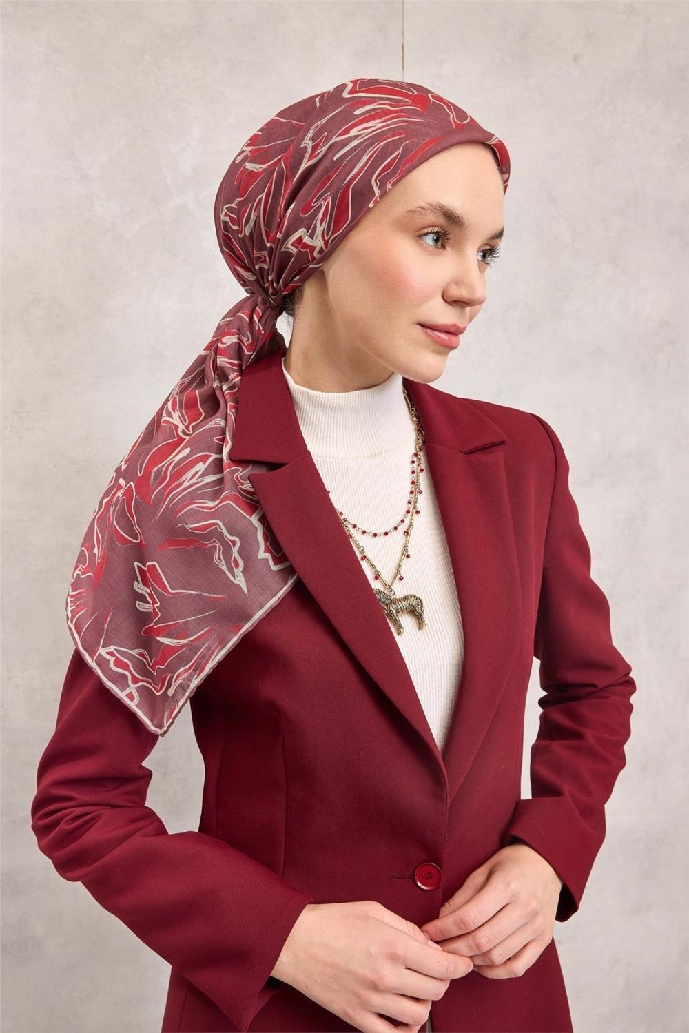 Pamuk Polyester Soft Eşarp Lila Soyut Desenli Tok Duruşlu 90x90