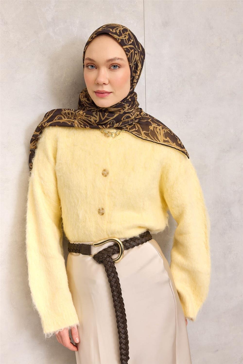 Pamuk Polyester Soft Eşarp Lilyum Desen Dumanlı Siyah 90x90