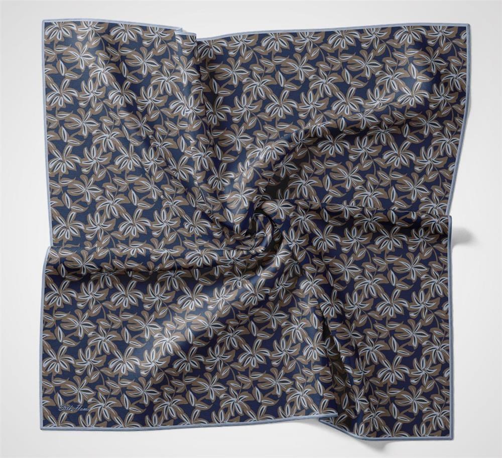Pamuk Polyester Soft Eşarp Mavi Flora Desenli Kaymaz Dokulu 90x90