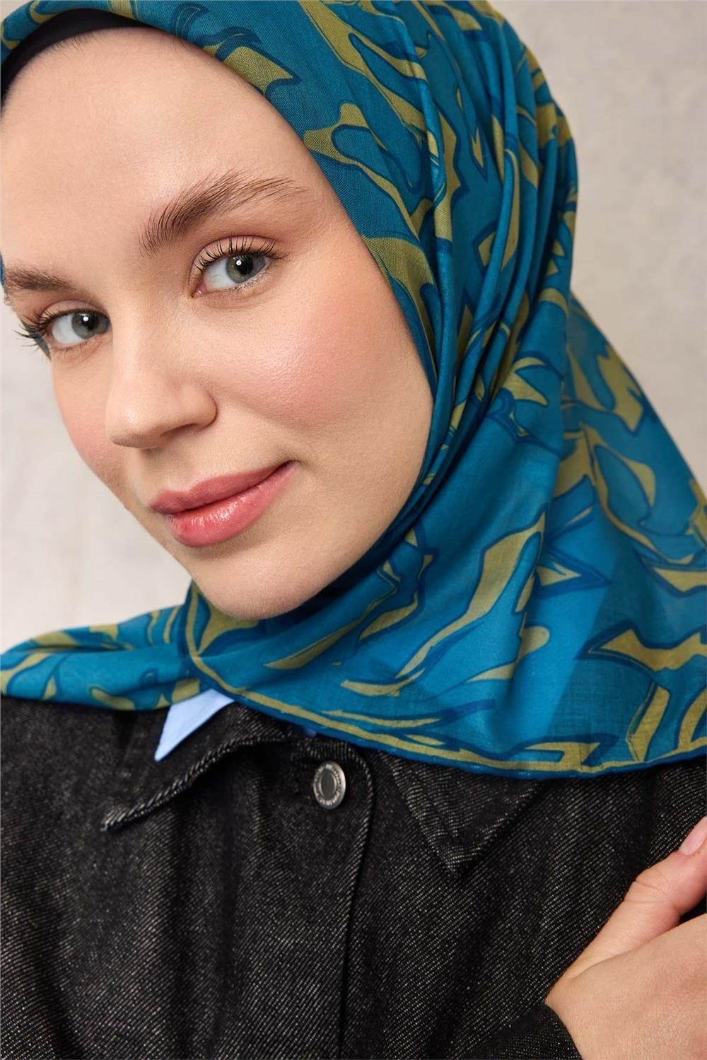 Pamuk Polyester Soft Eşarp Mavi Soyut Desenli Tok Duruşlu 90x90