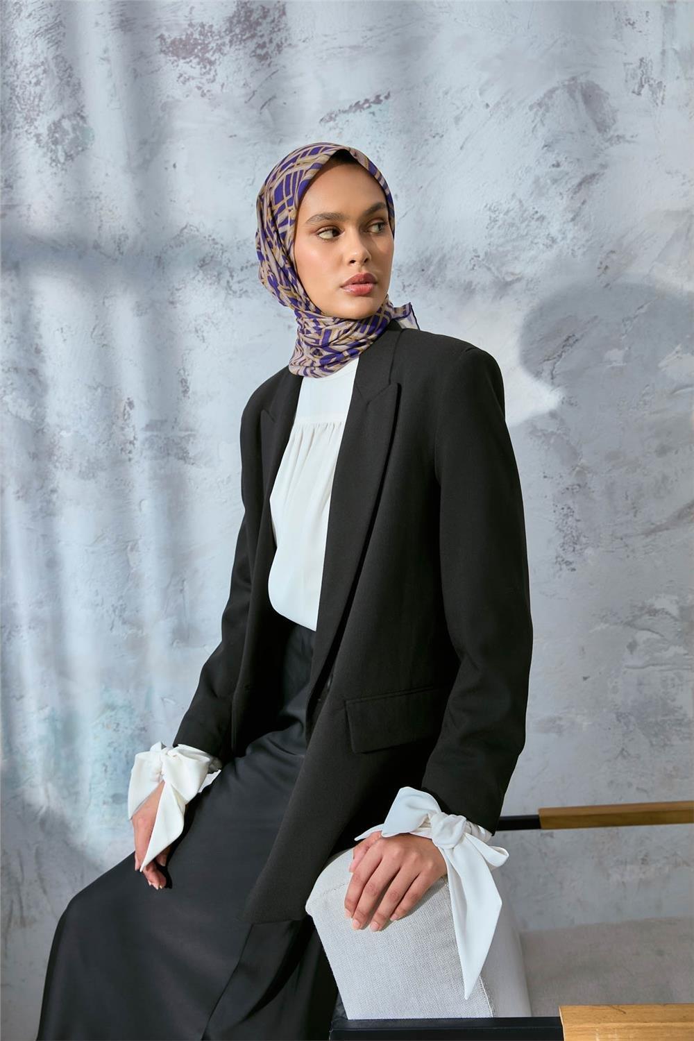 Pamuk Polyester Soft Eşarp Mor Geometrik Desen 90*90