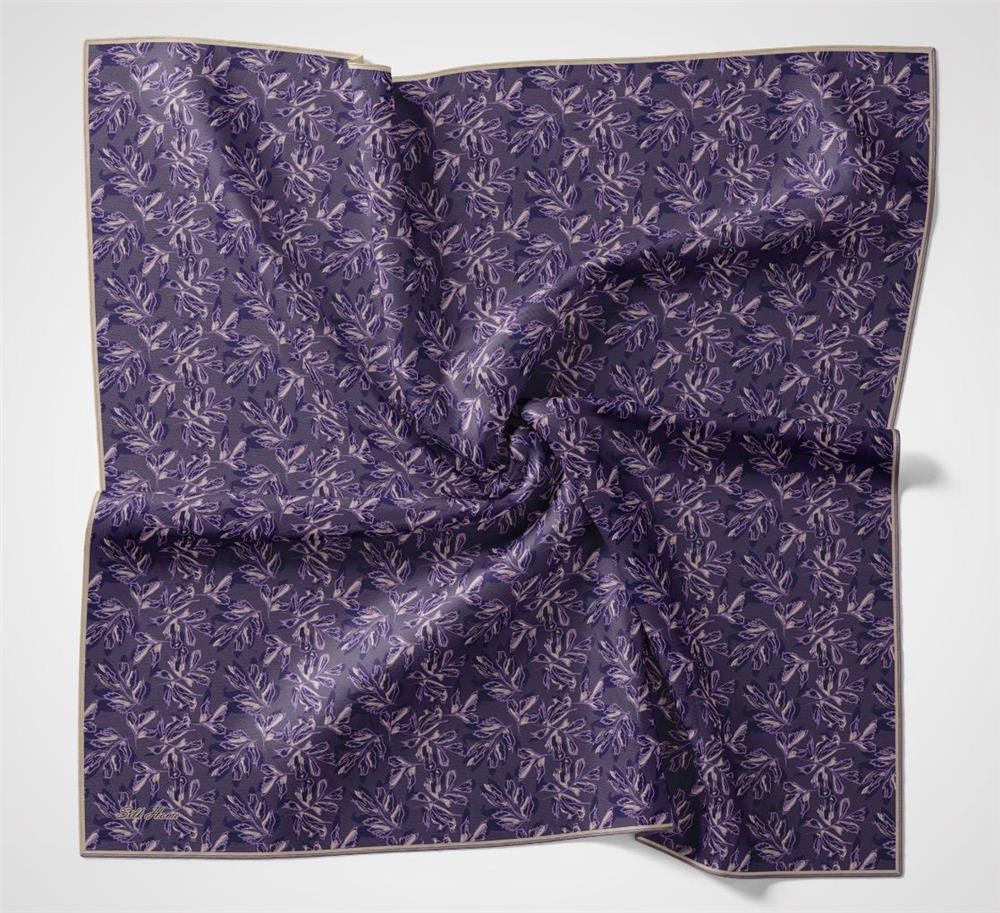 Pamuk Polyester Soft Eşarp Mor Ton Çiçek Desenli Kaymaz Dokulu 90x90