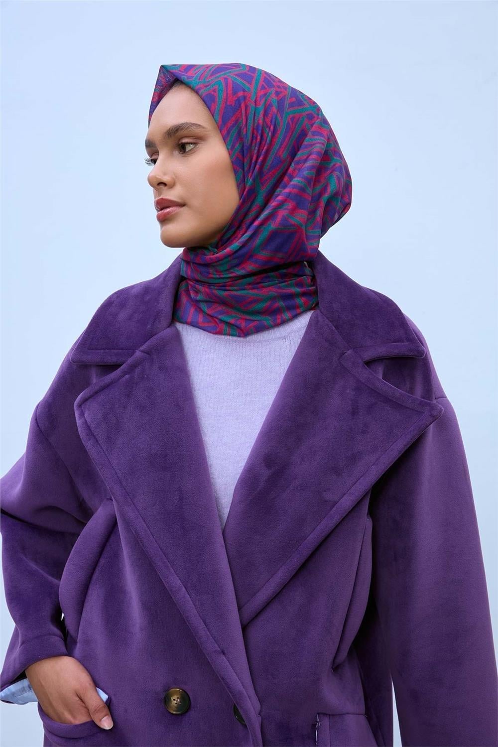 Pamuk Polyester Soft Eşarp Narçiçeği Geometrik Desen 90*90
