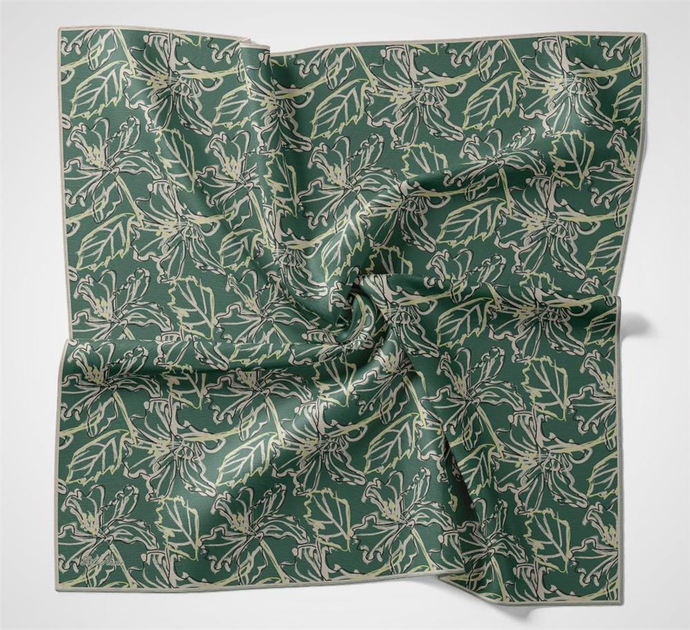 Pamuk Polyester Soft Eşarp Patina Yeşili Lilium Desenli Kaymaz Dokulu 90x90