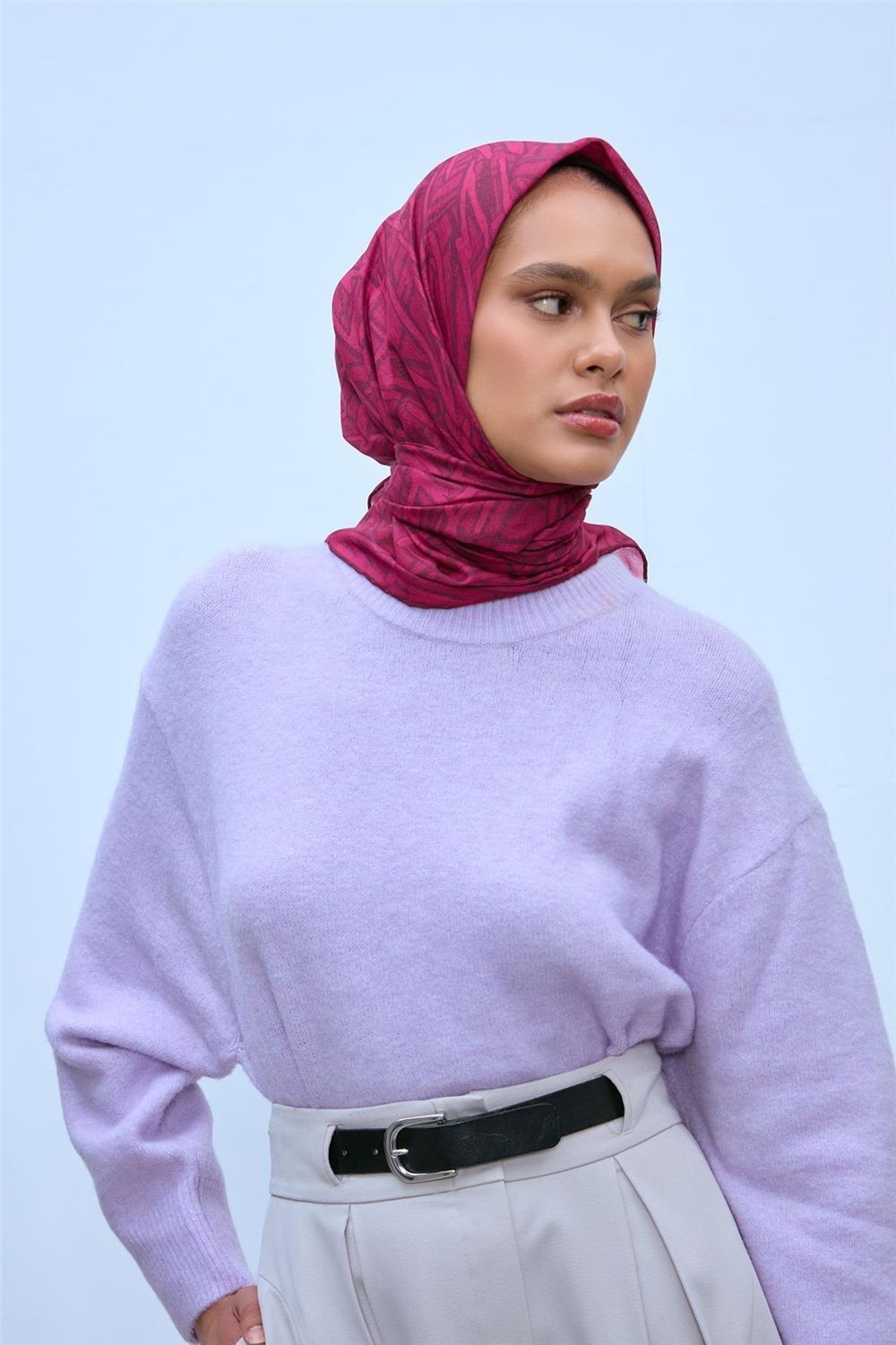 Pamuk Polyester Soft Eşarp Pembe Geometrik Desen 90*90