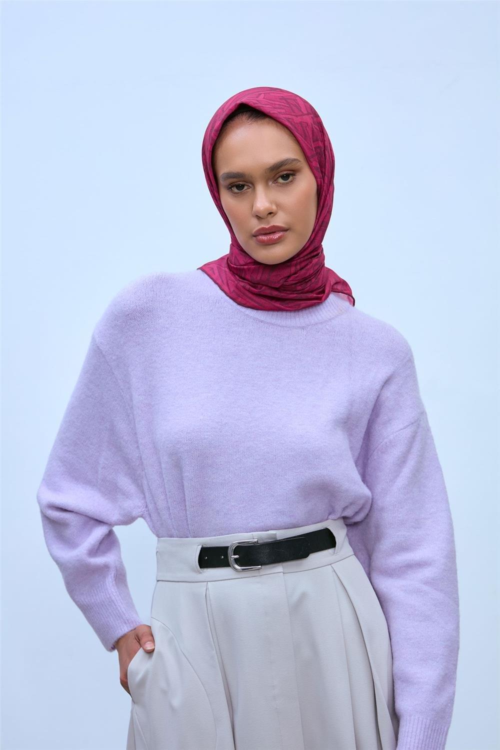 Pamuk Polyester Soft Eşarp Pembe Geometrik Desen 90*90