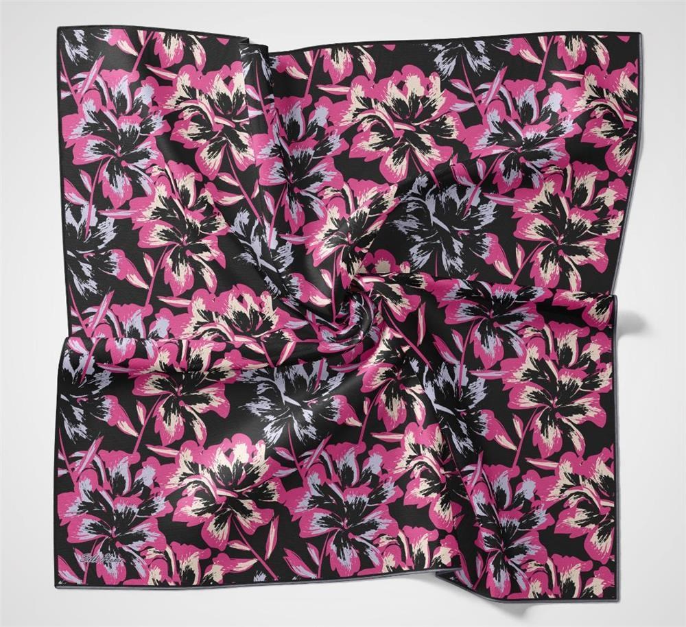 Pamuk Polyester Soft Eşarp Siyah Fuşya Büyük Papatya Desenli Tok Duruşlu 90x90