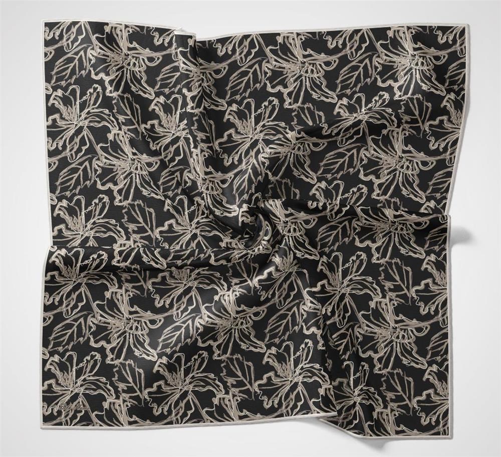 Pamuk Polyester Soft Eşarp Siyah Lilium Desenli Kaymaz Dokulu 90x90