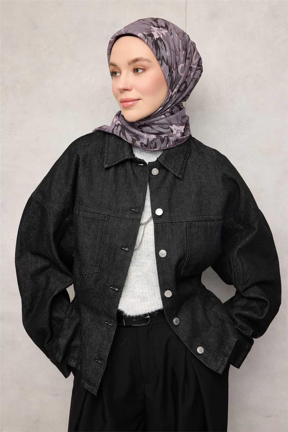 Pamuk Polyester Soft Eşarp Soluk Mor Botanik Desenli Kaymaz Dokulu Tok Duruşlu 90x90