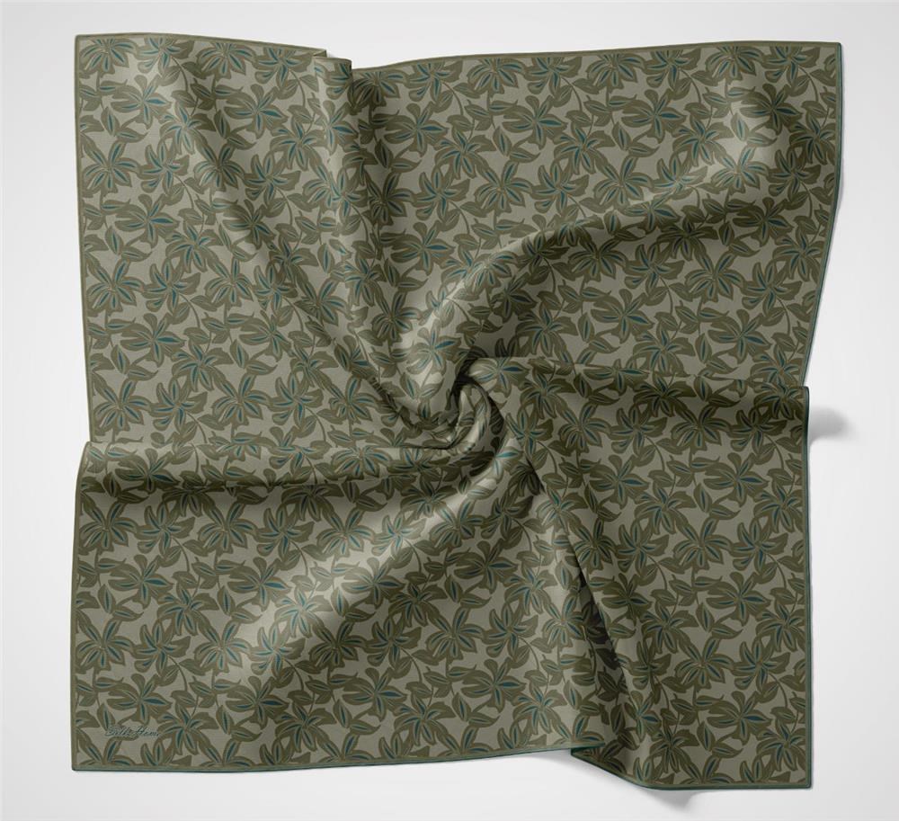 Pamuk Polyester Soft Eşarp Soluk Yeşil Flora Desenli Kaymaz Dokulu 90x90