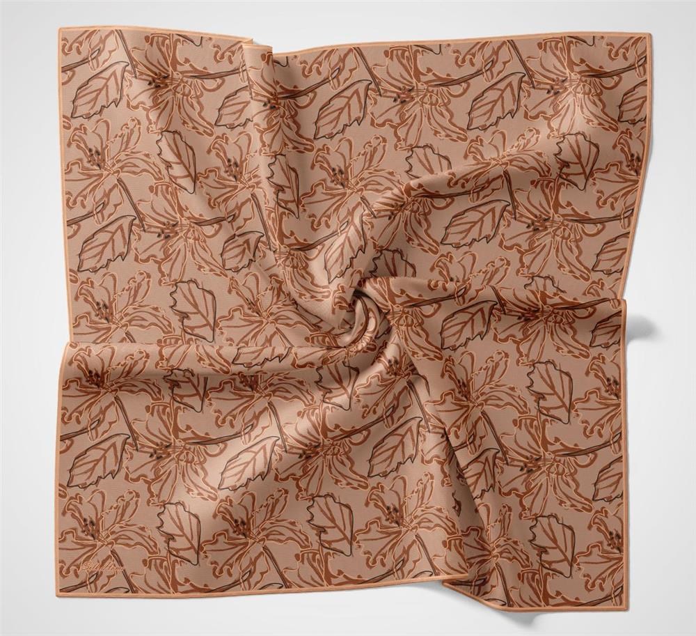 Pamuk Polyester Soft Eşarp Somon Lilium Desenli Kaymaz Dokulu 90x90