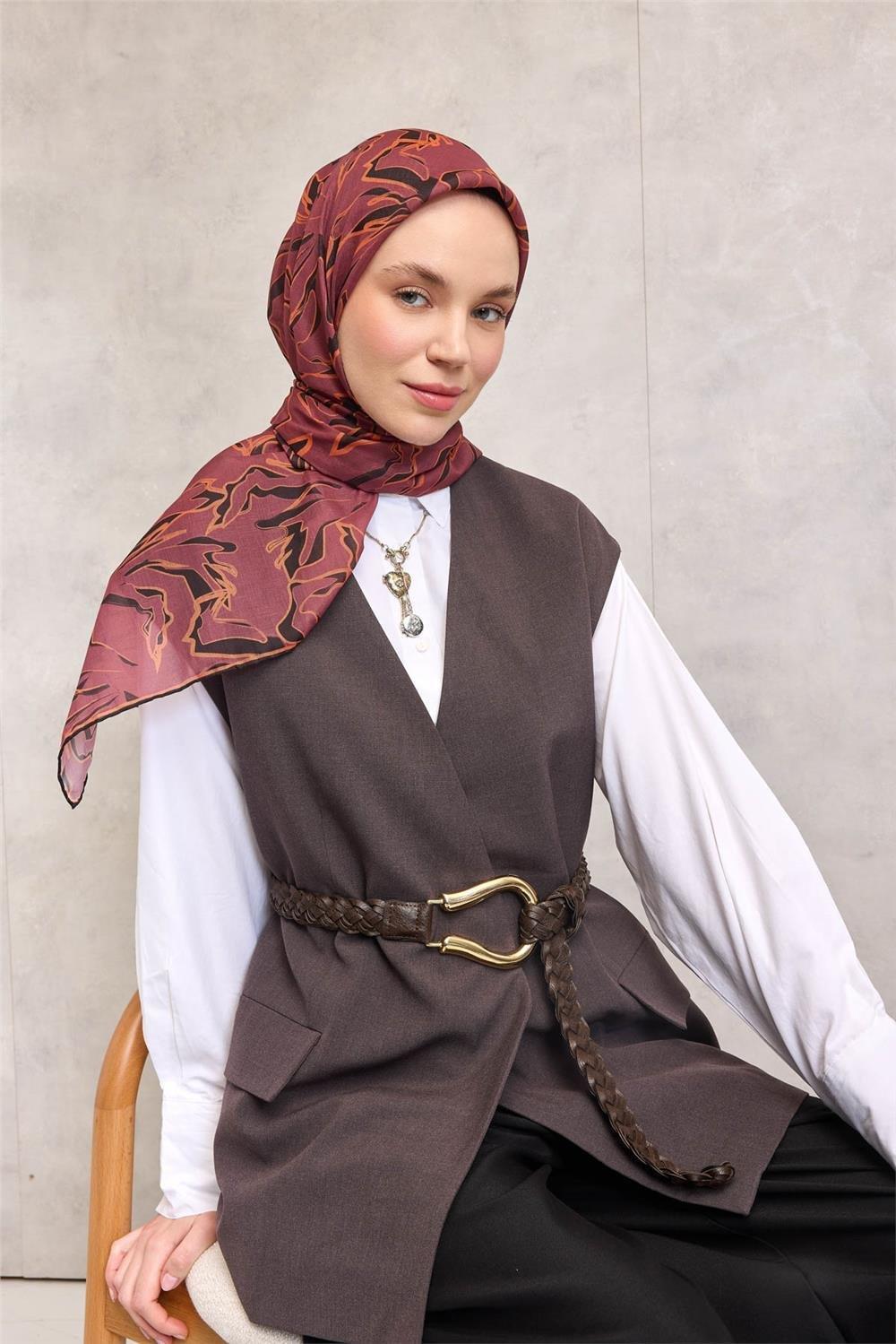Pamuk Polyester Soft Eşarp Soyut Desen Açık Mürdüm 90x90