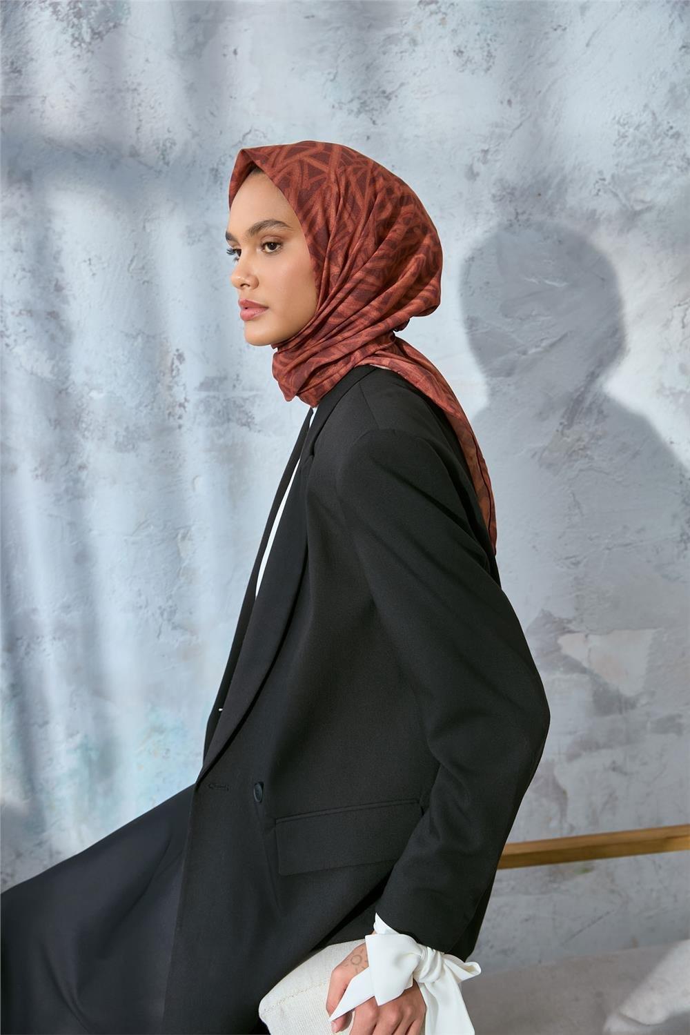 Pamuk Polyester Soft Eşarp Taba Geometrik Desen 90*90