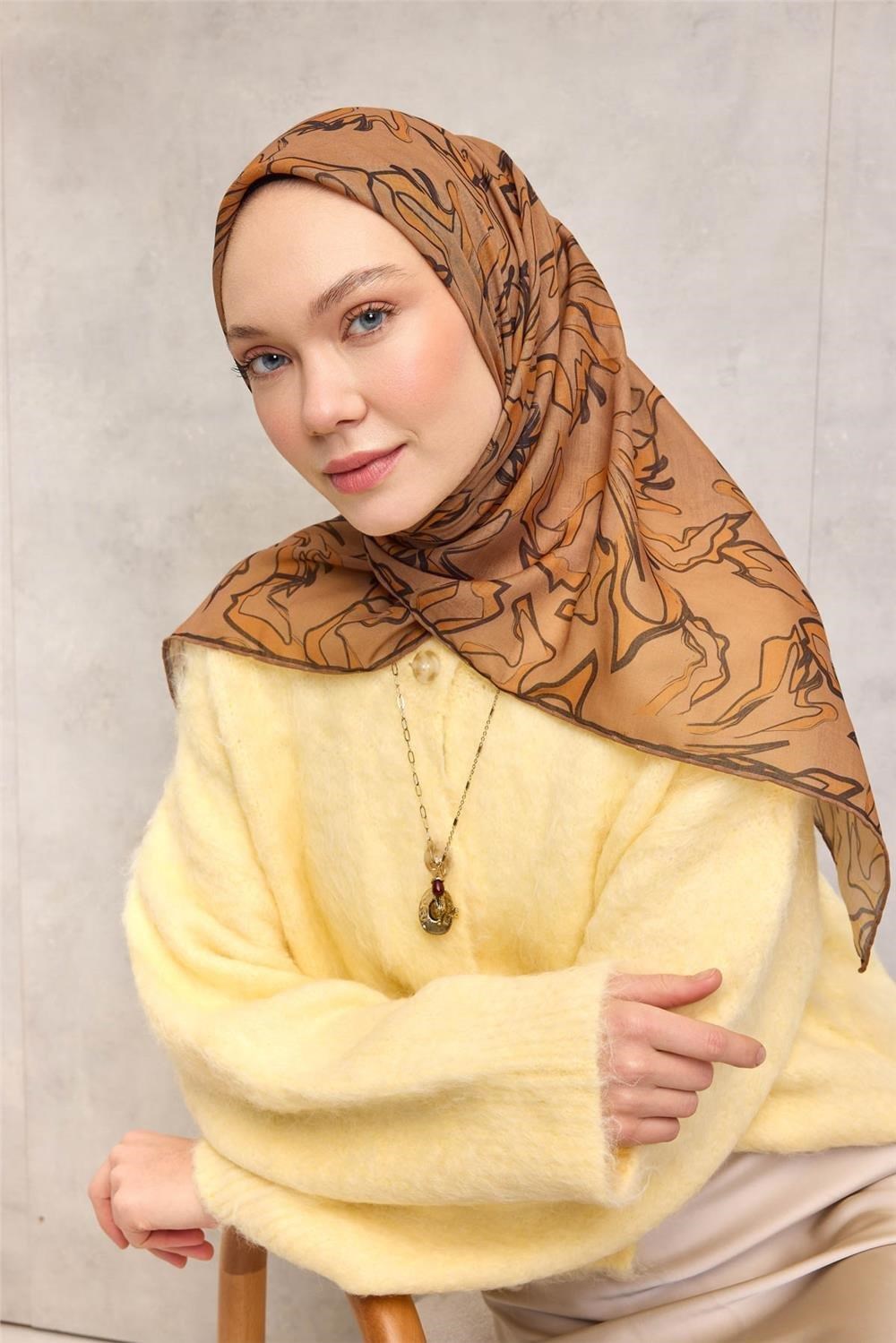 Pamuk Polyester Soft Eşarp Taba Soyut Desenli Tok Duruşlu 90x90