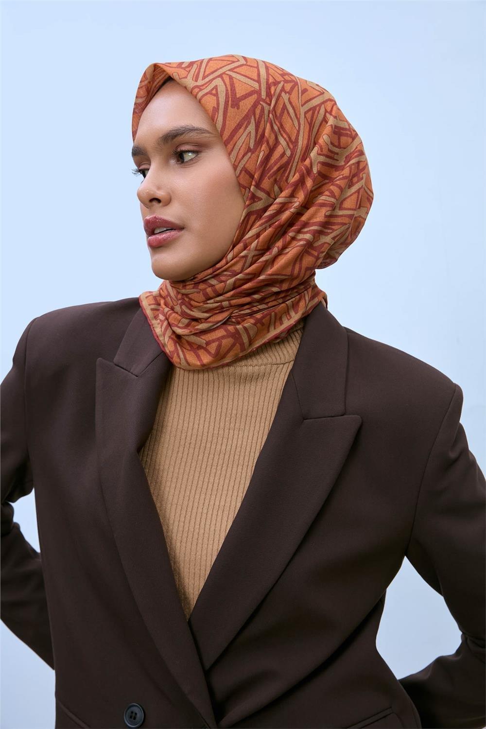 Pamuk Polyester Soft Eşarp Turuncu Geometrik Desen 90*90