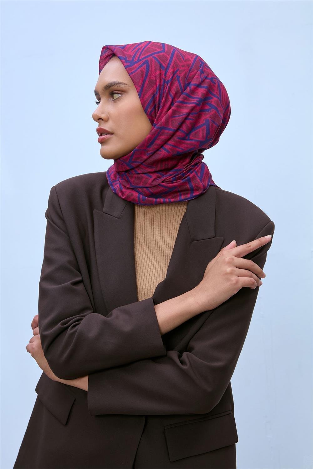 Pamuk Polyester Soft Eşarp Vişne Geometrik Desen 90*90