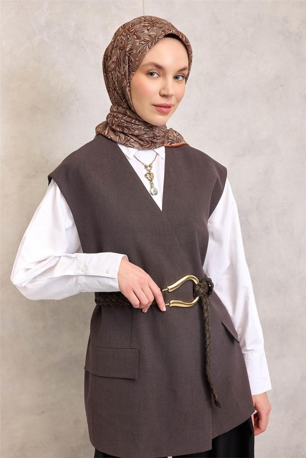 Pamuk Polyester Soft Eşarp Vizon Ton Çiçek Desenli Kaymaz Dokulu 90x90