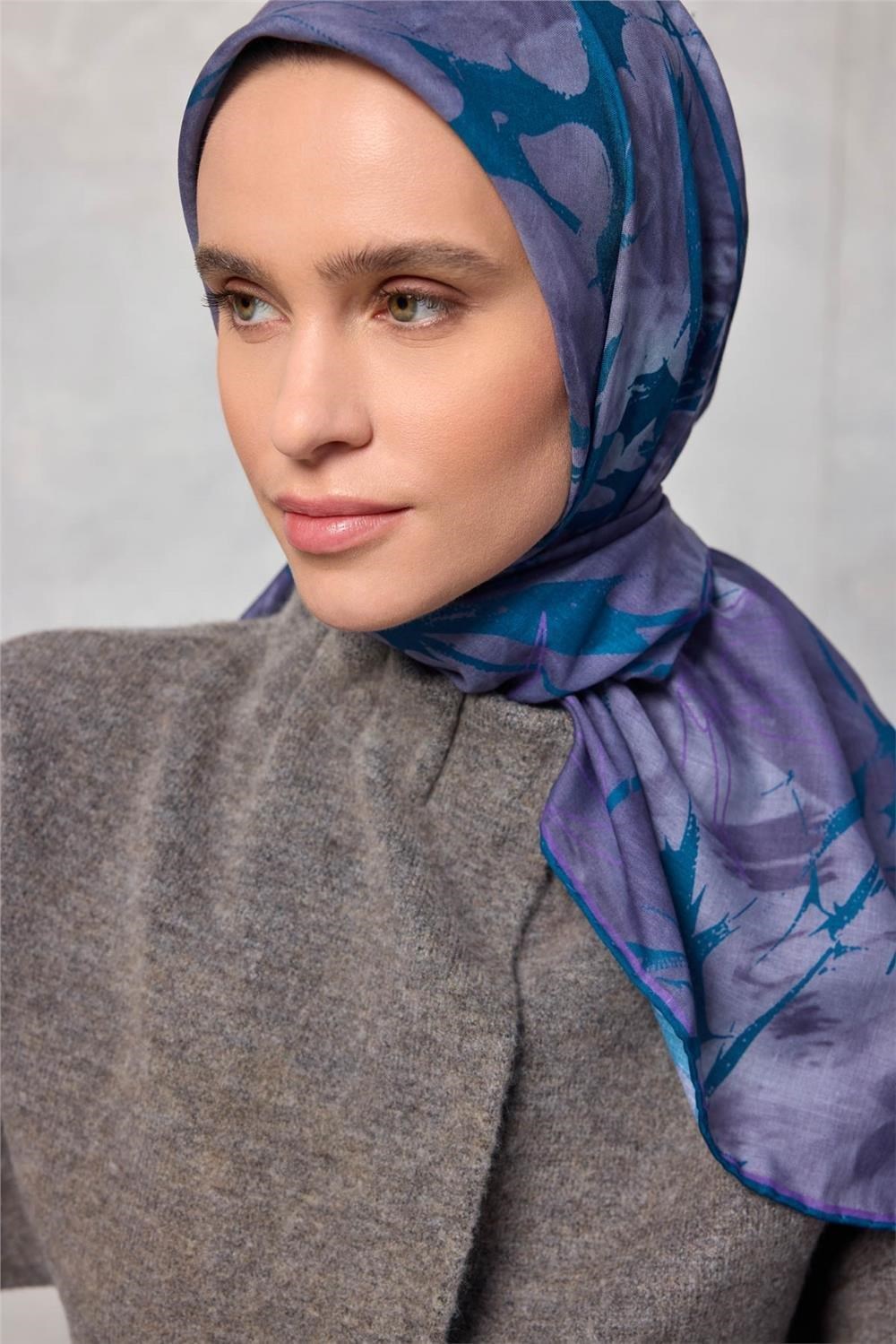 Pamuk Polyester Soft Eşarp Yaprak Desen Lavanta 90x90