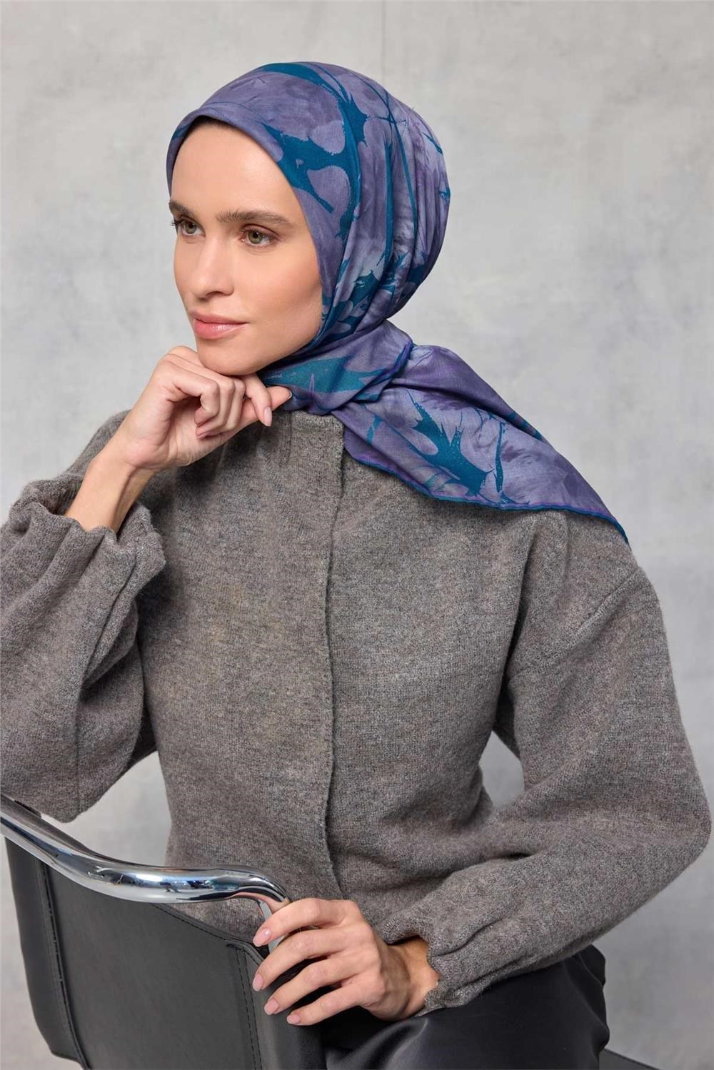 Pamuk Polyester Soft Eşarp Yaprak Desen Lavanta 90x90