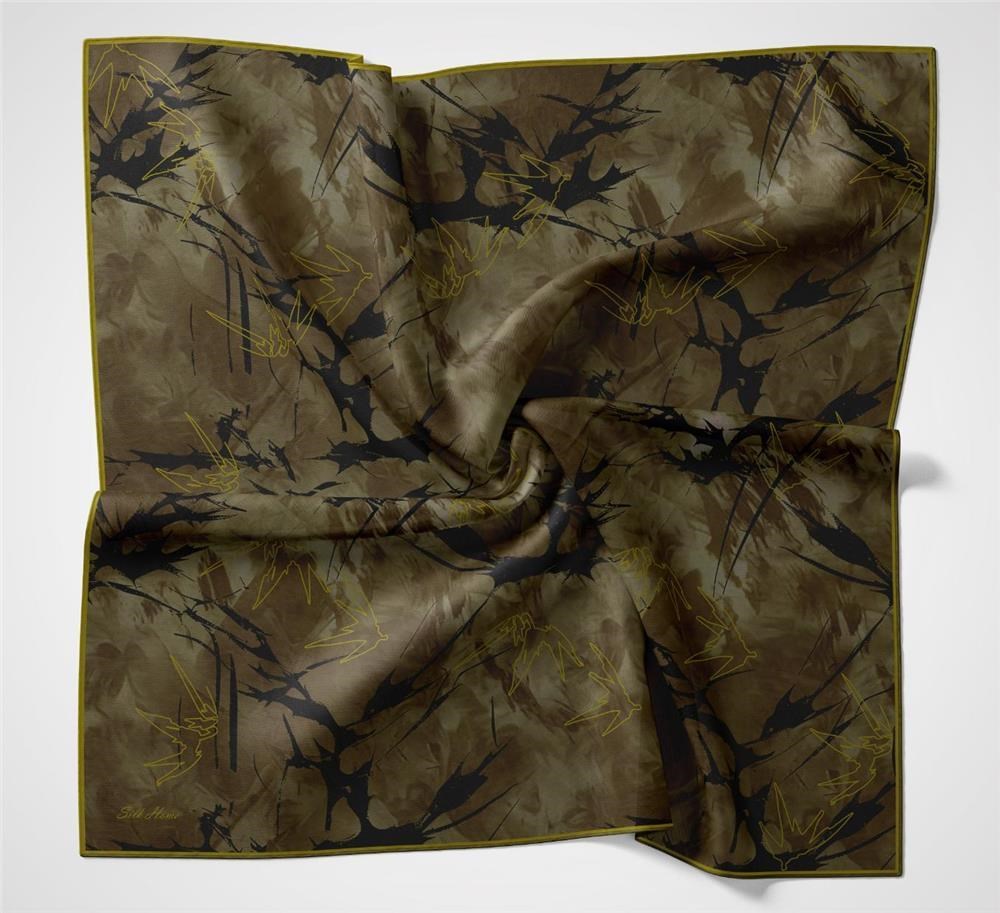 Pamuk Polyester Soft Eşarp Yaprak Desen Yağ Yeşili 90x90