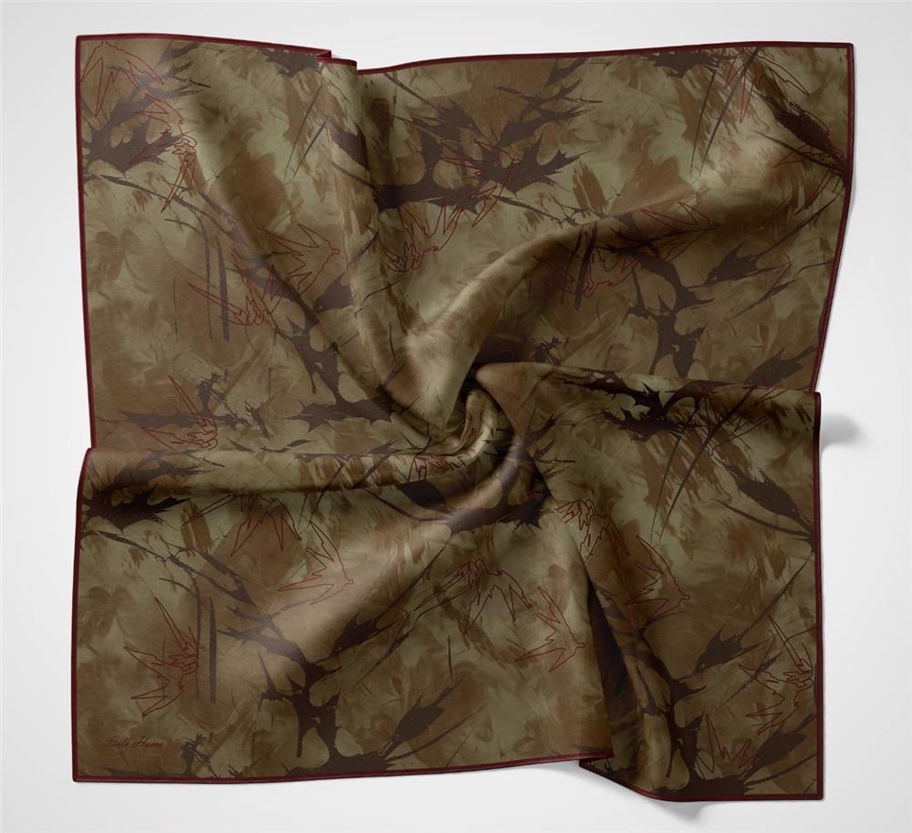 Pamuk Polyester Soft Eşarp Yaprak Desen Olive Kahve 90x90
